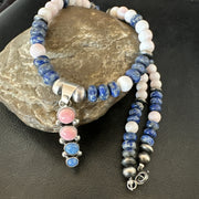 Cluster Pendant Pink Conch Lapis Navajo Pearls Necklace | Sterling Silver | Authentic Native American Handmade | 18896