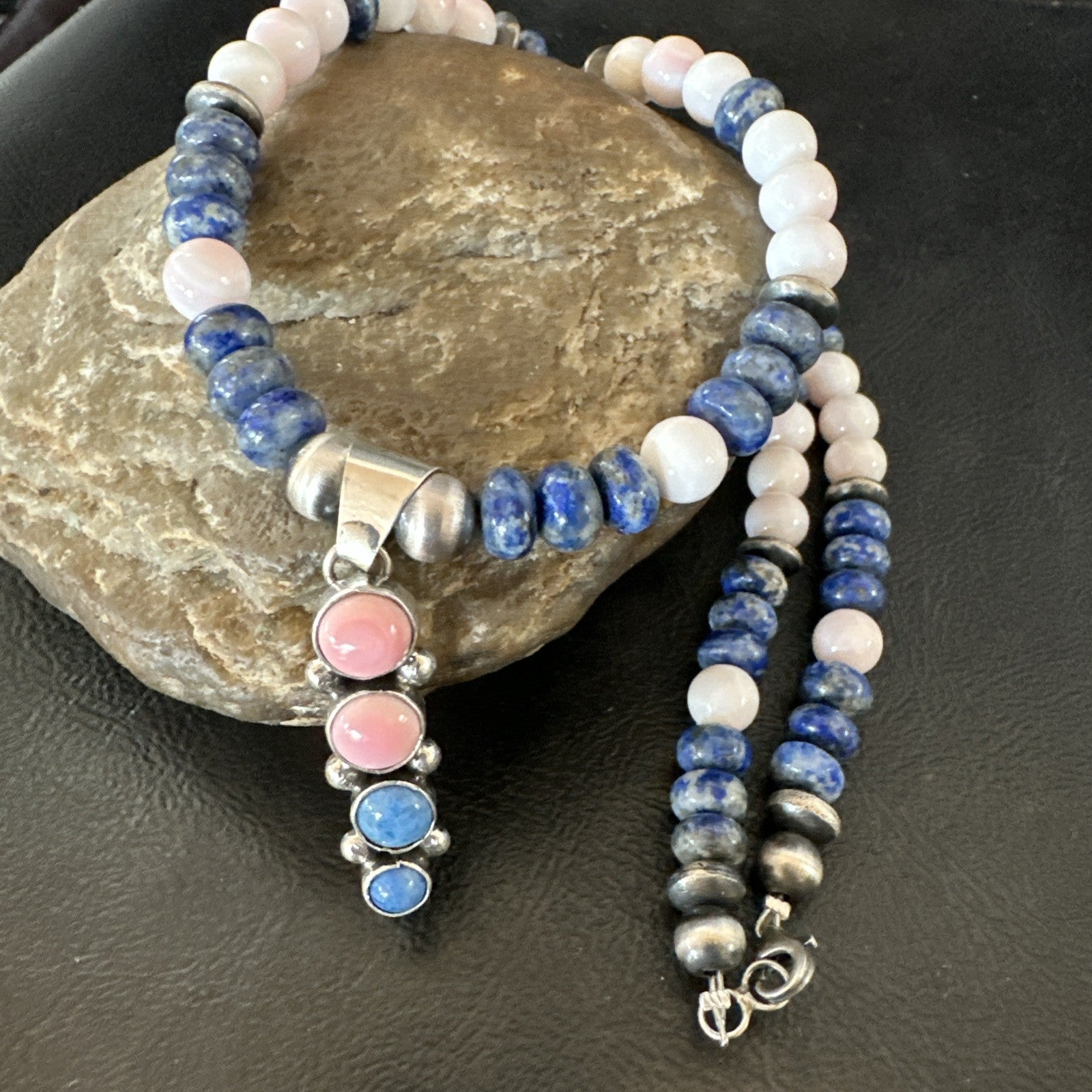 Cluster Pendant Pink Conch Lapis Navajo Pearls Sterling Silver Necklace 18896