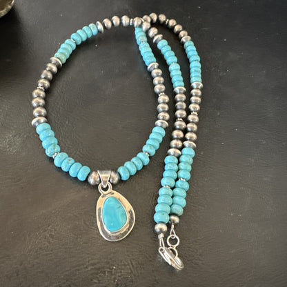 WoMens Blue Kingman Turquoise Pendant Navajo Sterling Silver Necklace 21" 18939