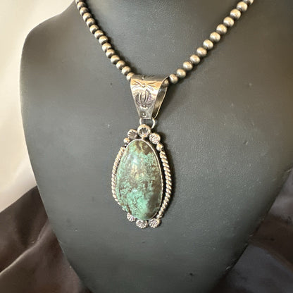 Navajo Sterling Silver Green Rustic Turquoise Necklace Pendant 2.75” 19010