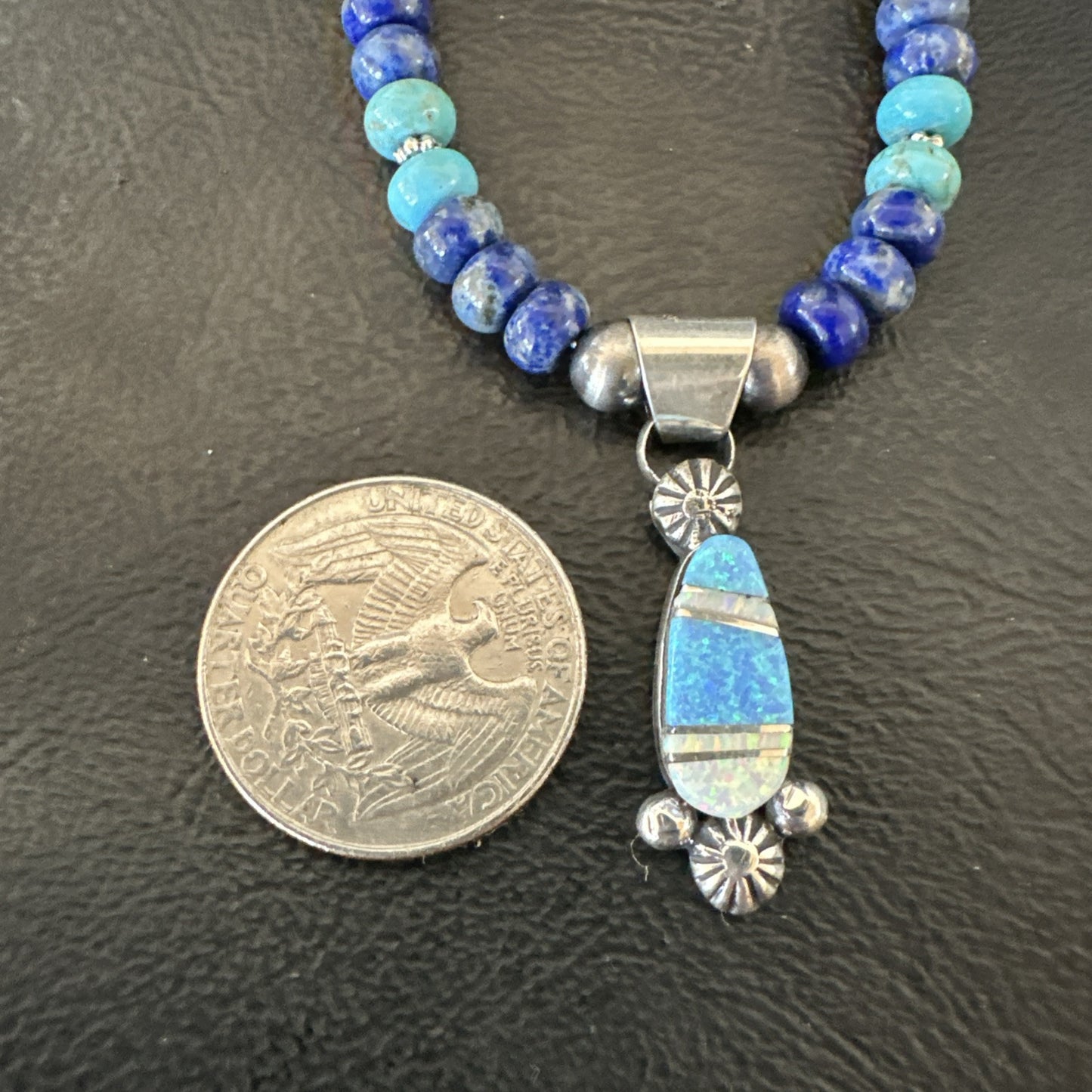WoMens Opal Inlay Pendant Navajo Sterling Silver Blue Lapis Bead Necklace 18919