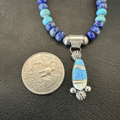 WoMens Opal Inlay Pendant Navajo Sterling Silver Blue Lapis Bead Necklace 18919