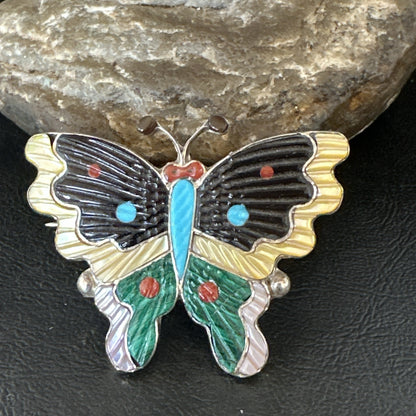 Multicolor Turquoise MOP Onyx Butterfly Sterling Silver Zuni Pin Pendant 18901