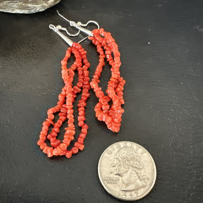 Real Red Orange Coral Nuggets Southwestern Sterling Silver Earrings 3” 18947