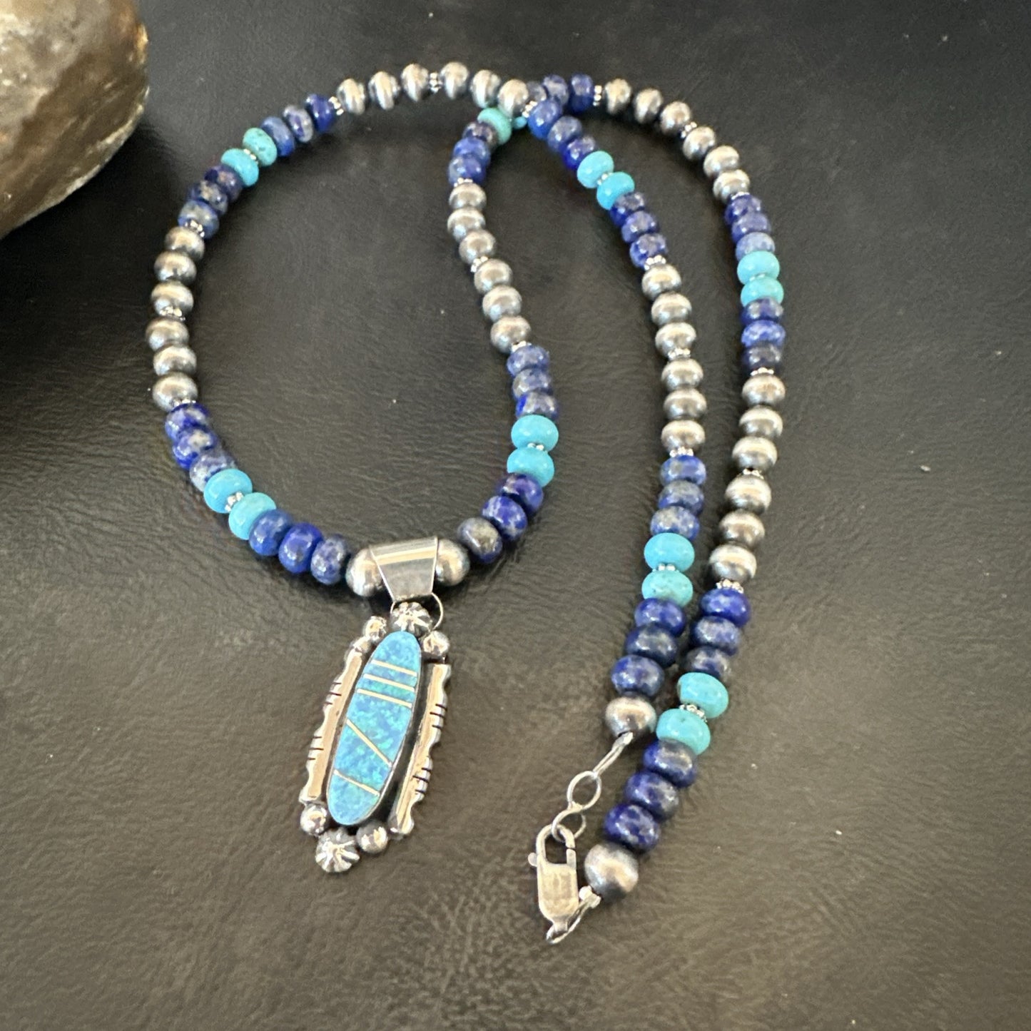 WoMens Opal Inlay Pendant Navajo Sterling Silver Blue Lapis Bead Necklace 18913