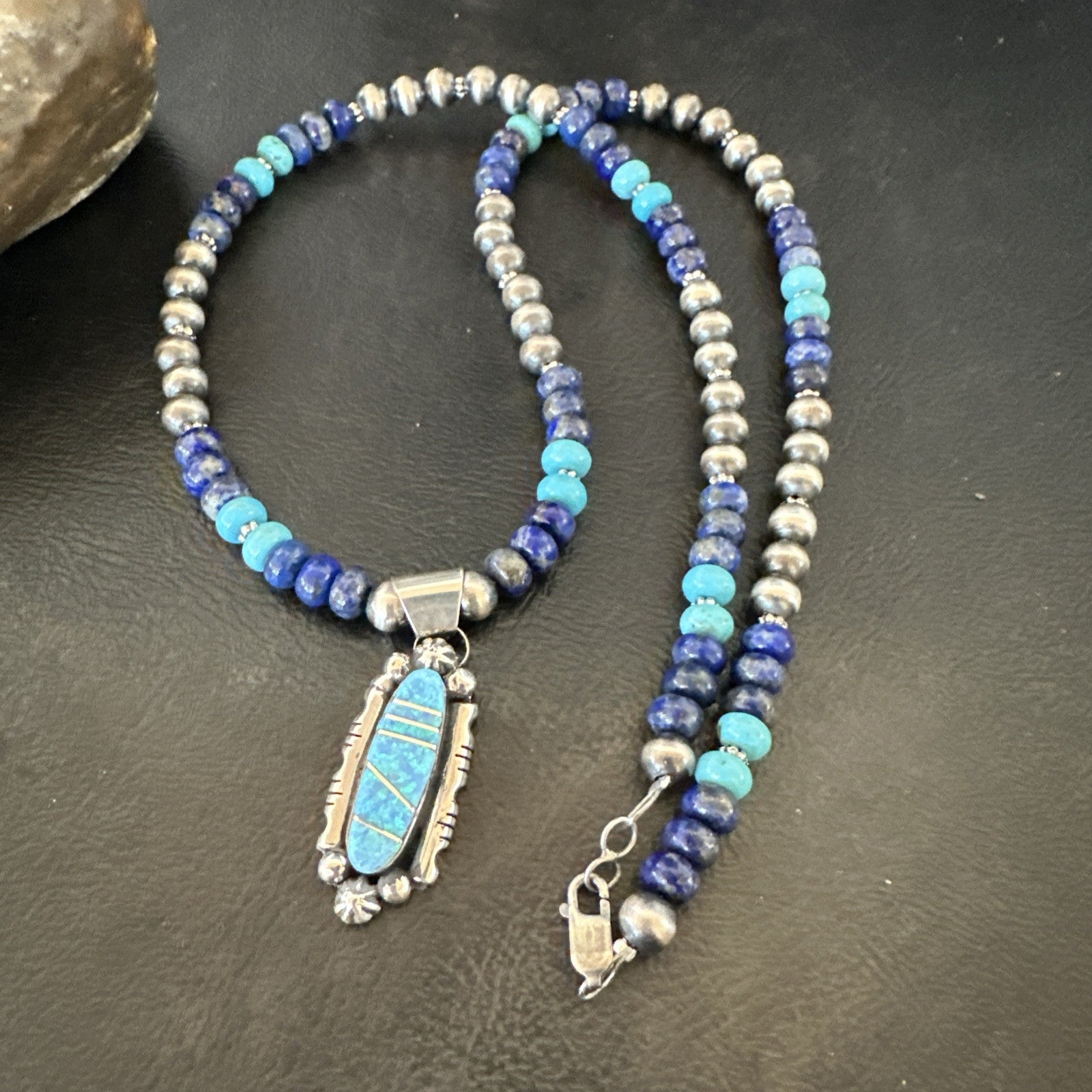 WoMens Opal Inlay Pendant Navajo Sterling Silver Blue Lapis Bead Necklace 18913