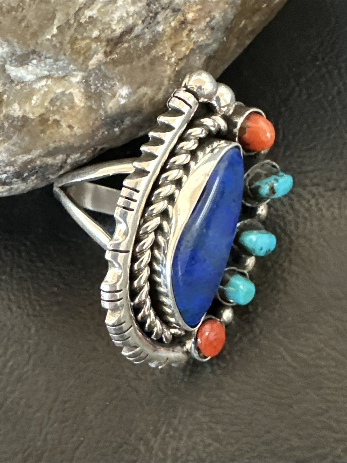Navajo Cluster Lapis Kingman Turquoise Coral Sterling Silver Ring Sz 8 18882