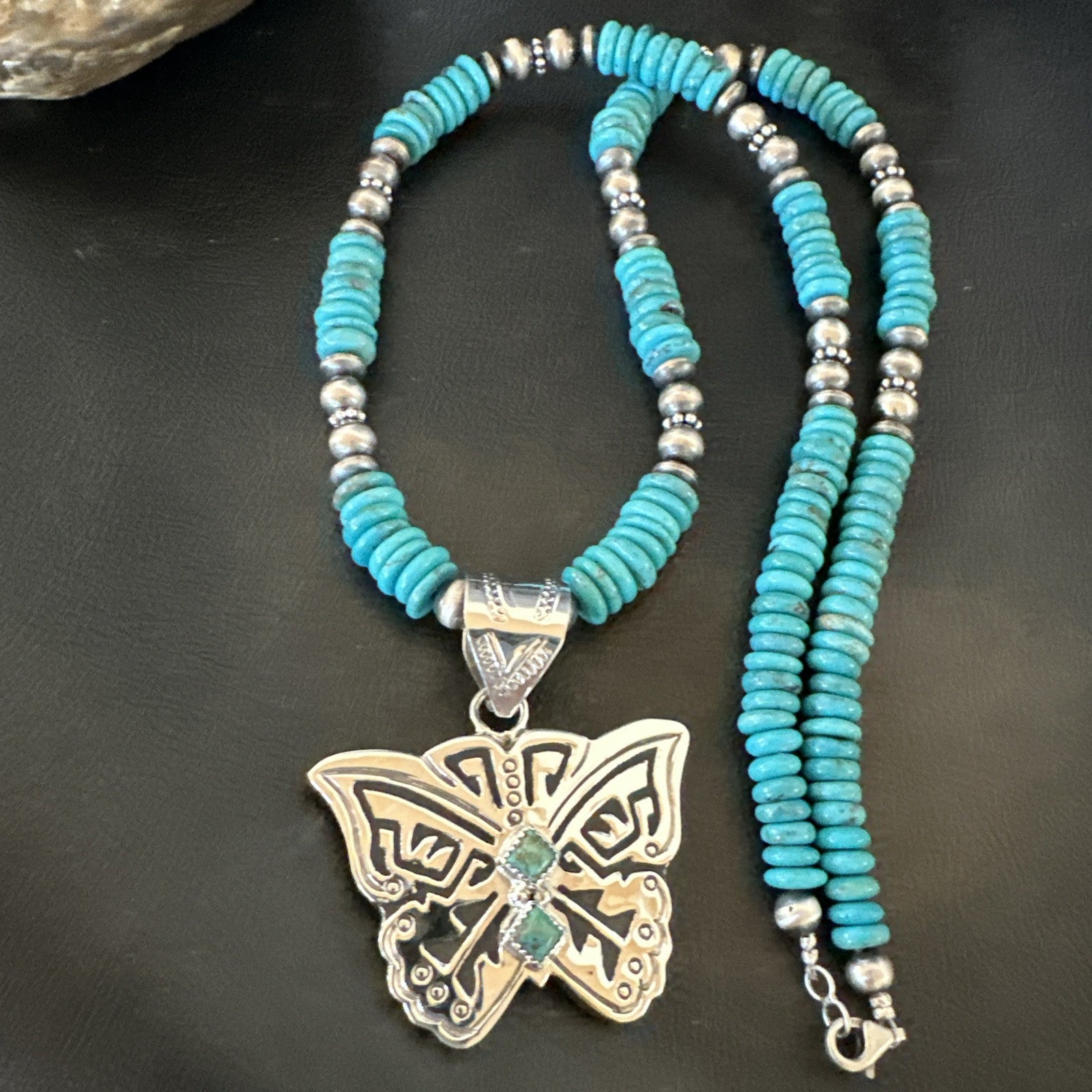 Butterfly Blue Turquoise Pendant Navajo Sterling Silver Necklace 26" 18905