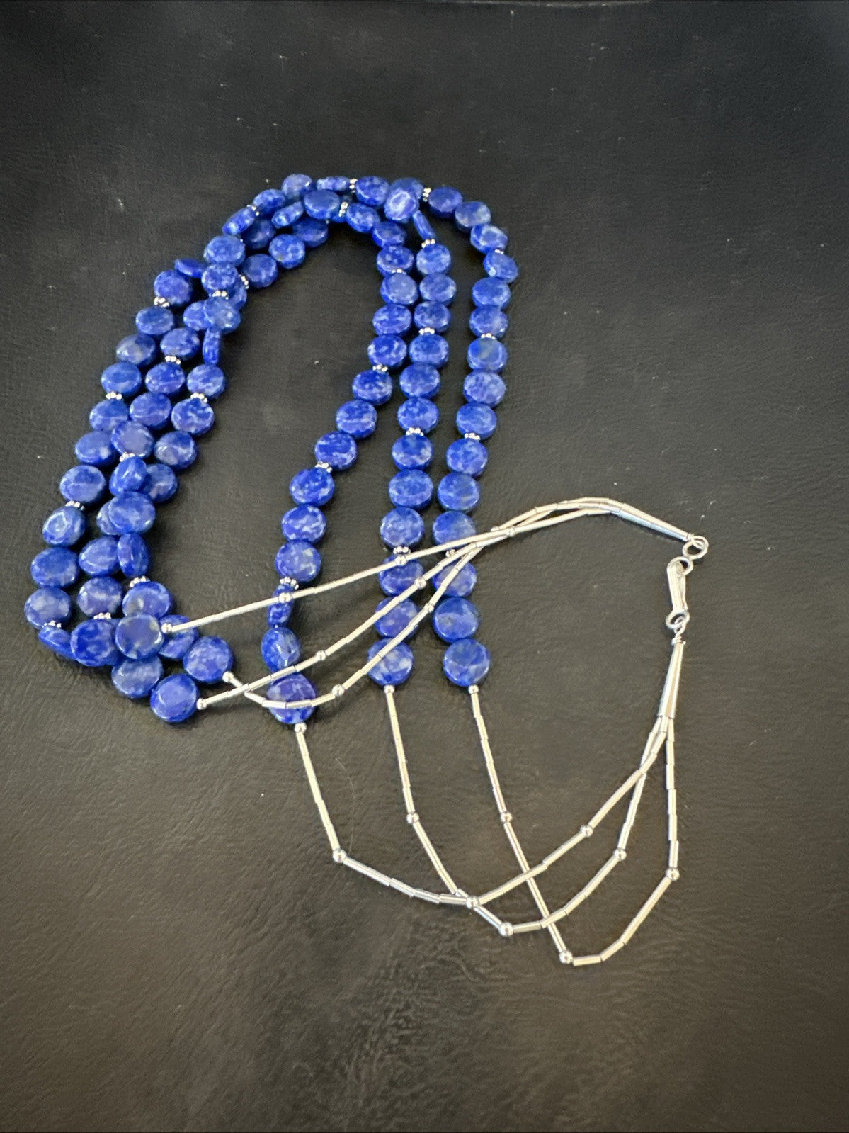 Blue Lapis Heishi 8mm Bead Liquid Sterling Silver 3 Strand Necklace 19" 18961