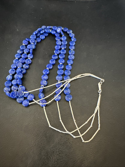 Blue Lapis Heishi 8mm Bead Liquid Sterling Silver 3 Strand Necklace 19" 18961