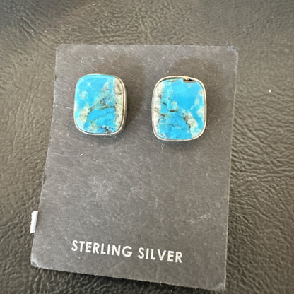 Blue Kingman Turquoise Navajo Sterling Silver Post Stud Earrings 18949