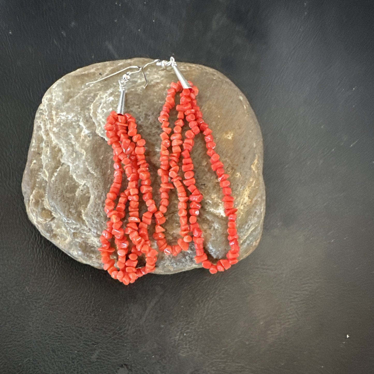 Real Red Orange Coral Nuggets Southwestern Sterling Silver Earrings 3” 18947