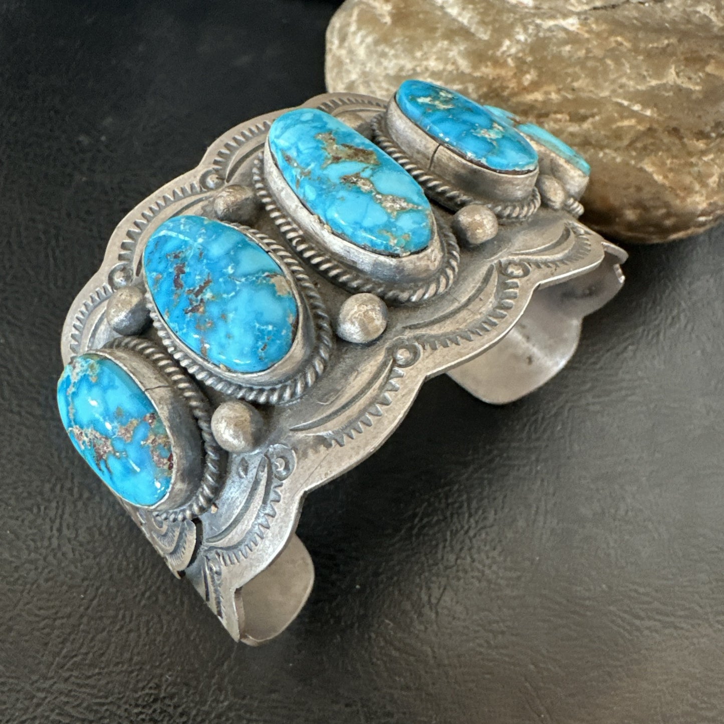 Mens Blue Kingman Turquoise Sterling SIlver Cluster Cuff Bracelet 8.2" 18875