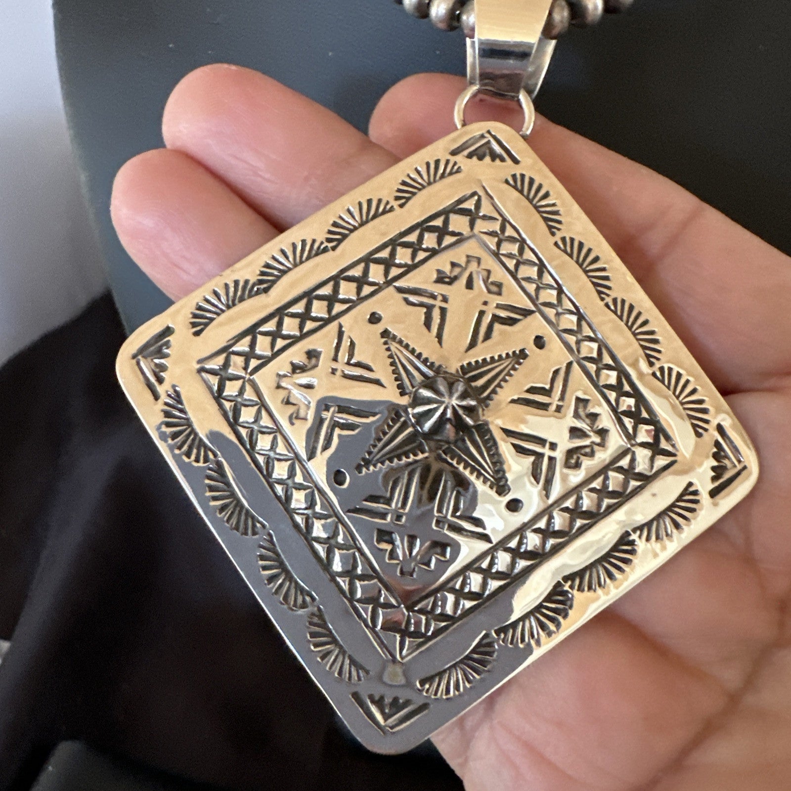 H Joe Handmade Stamped Pendant Navajo Sterling Silver Necklace 3.5" 18981