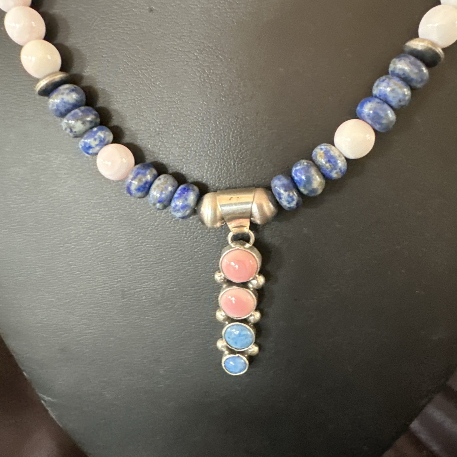 Cluster Pendant Pink Conch Lapis Navajo Pearls Sterling Silver Necklace 18896