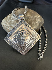 H Joe Handmade Stamped Pendant Navajo Necklace 3.5" | Sterling Silver | Authentic Native American Handmade | 18982