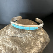 Old Pawn Blue Turquoise Navajo Cuff Inlay Bracelet | Sterling Silver | Authentic Native American Handmade | 18891
