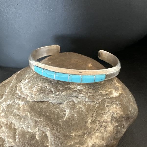 Old Pawn Blue Turquoise Navajo Cuff Inlay Bracelet | Sterling Silver | Authentic Native American Handmade | 18891