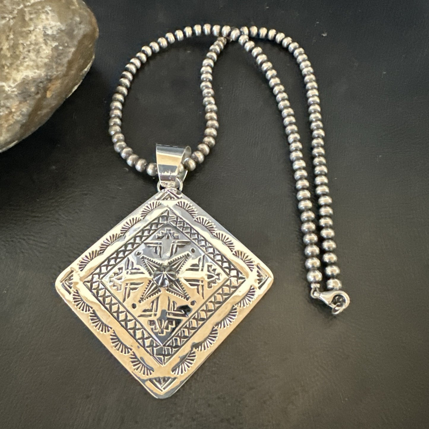 H Joe Handmade Stamped Pendant Navajo Sterling Silver Necklace 3.5" 18981