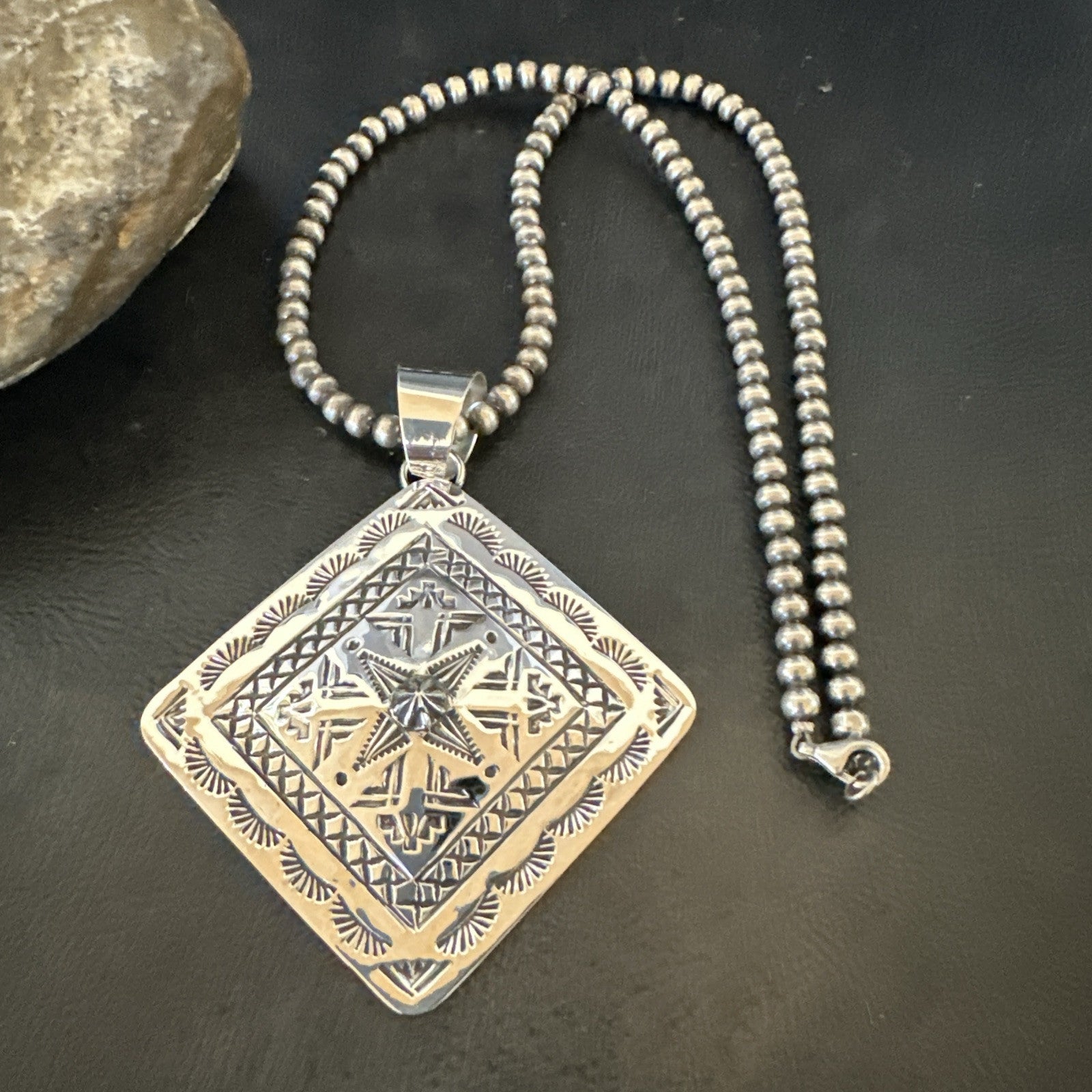 H Joe Handmade Stamped Pendant Navajo Sterling Silver Necklace 3.5" 18981