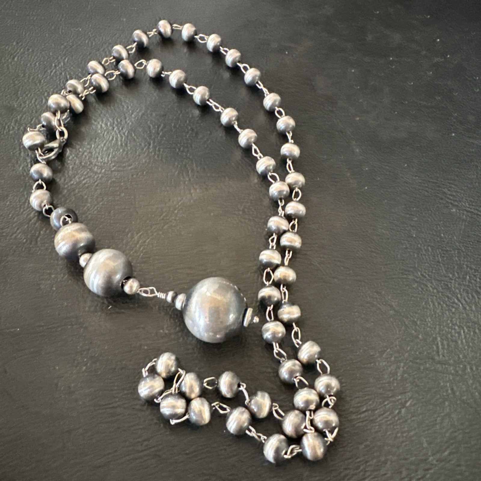 Y Rosary Bead Lariat Navajo Sterling Silver Beads Necklace 6mm 22" 18932
