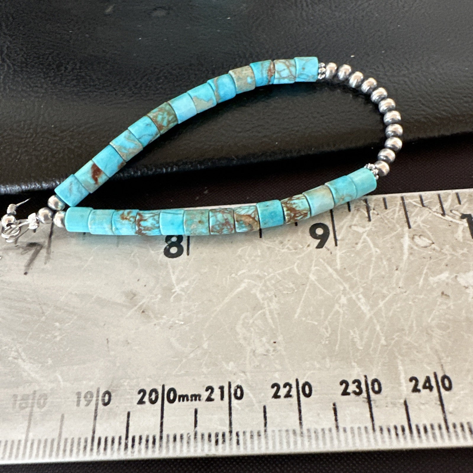 Blue Turquoise Heishi Navajo Sterling Silver Beads Earrings 2.5” 18953