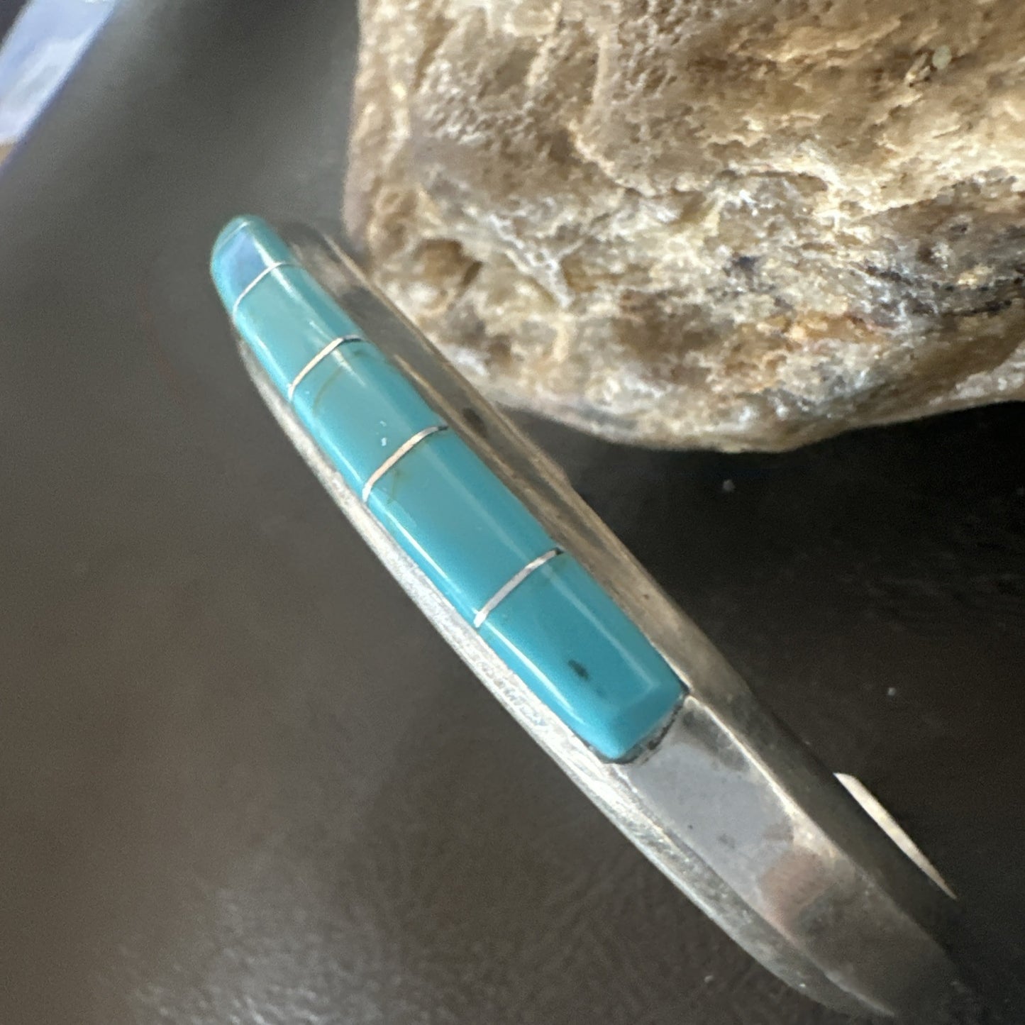 Old Pawn Blue Turquoise Navajo Sterling Silver Cuff Inlay Bracelet 18891