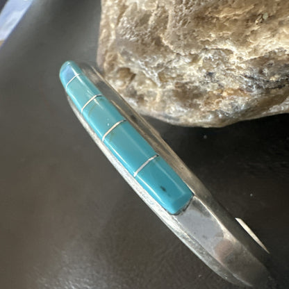 Old Pawn Blue Turquoise Navajo Sterling Silver Cuff Inlay Bracelet 18891