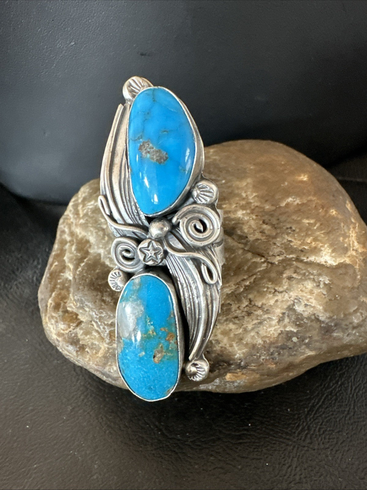 XL Navajo Cluster Blue Kingman Turquoise Sterling Silver Ring Sz 7 18990