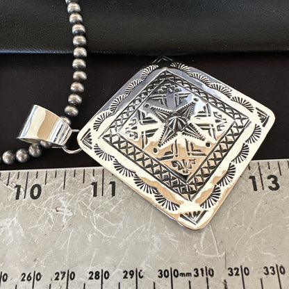 H Joe Handmade Stamped Pendant Navajo Sterling Silver Necklace 3.5" 18981