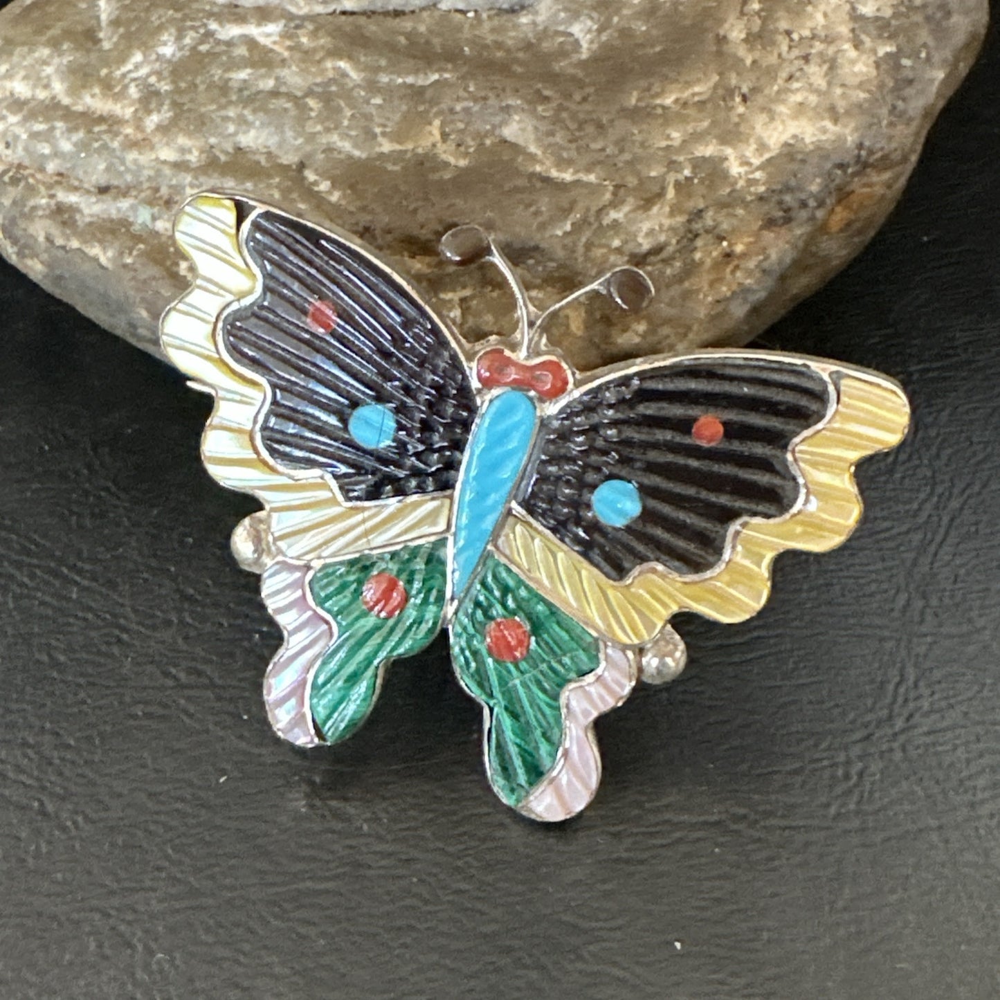 Multicolor Turquoise MOP Onyx Butterfly Sterling Silver Zuni Pin Pendant 18901