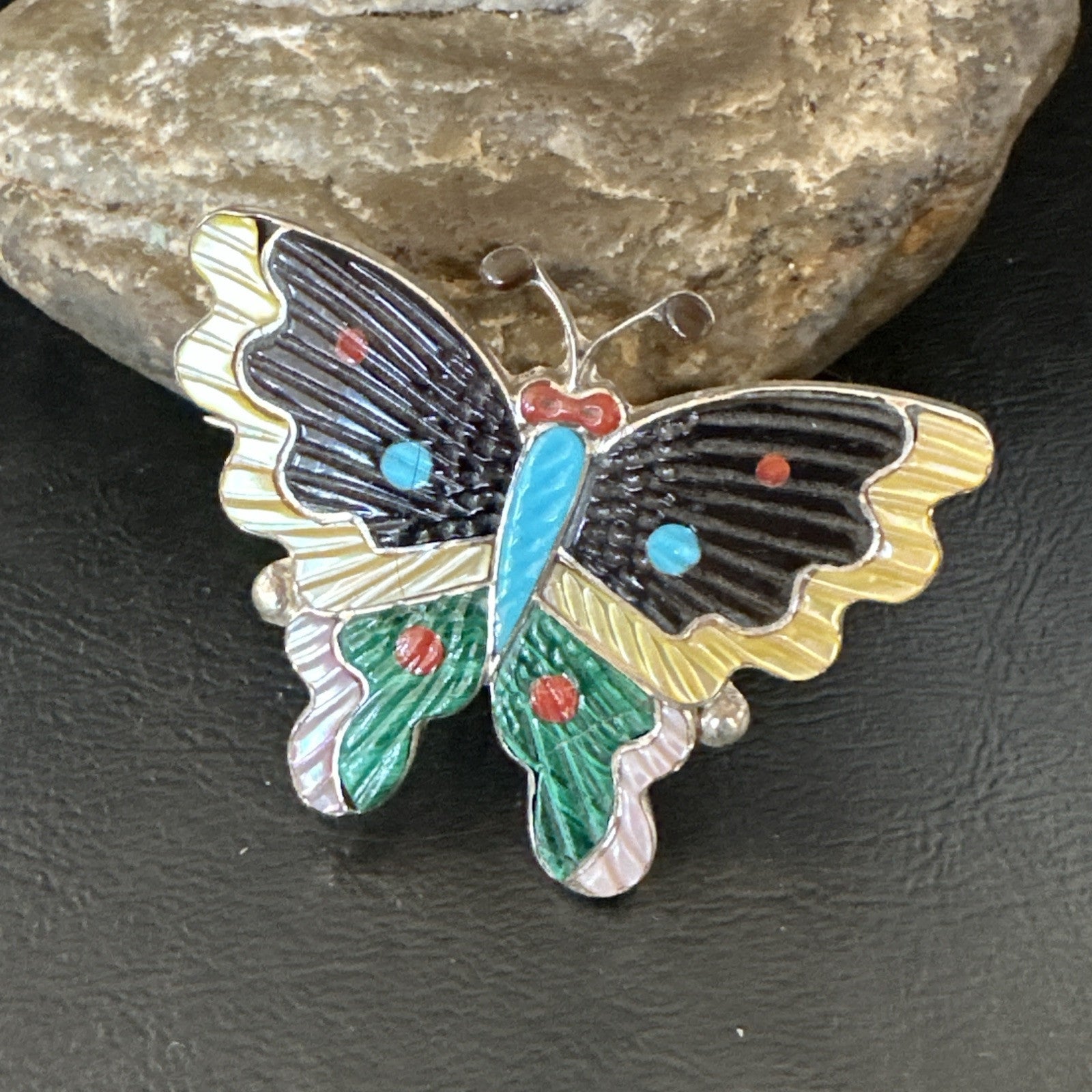 Multicolor Turquoise MOP Onyx Butterfly Sterling Silver Zuni Pin Pendant 18901