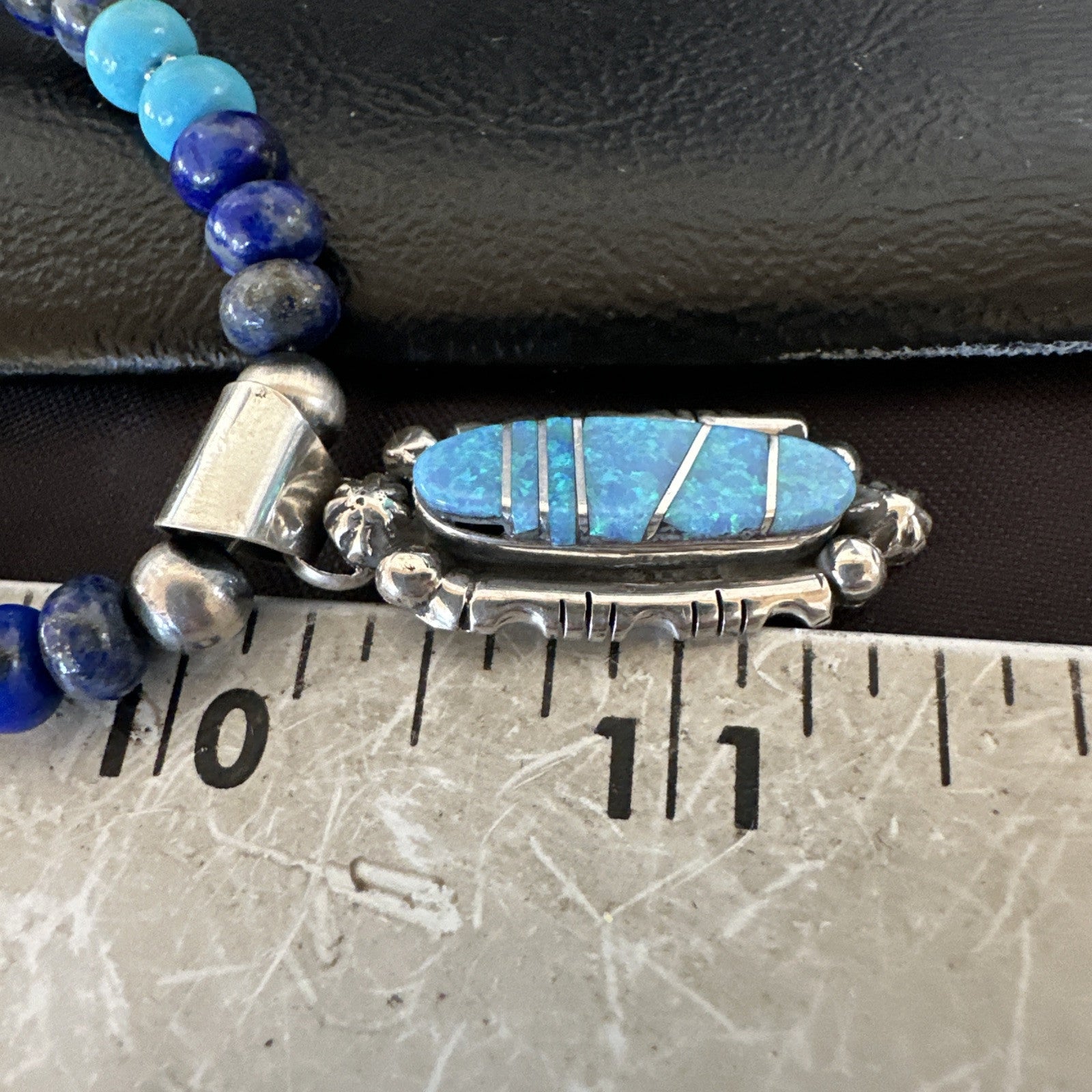 WoMens Opal Inlay Pendant Navajo Sterling Silver Blue Lapis Bead Necklace 18913