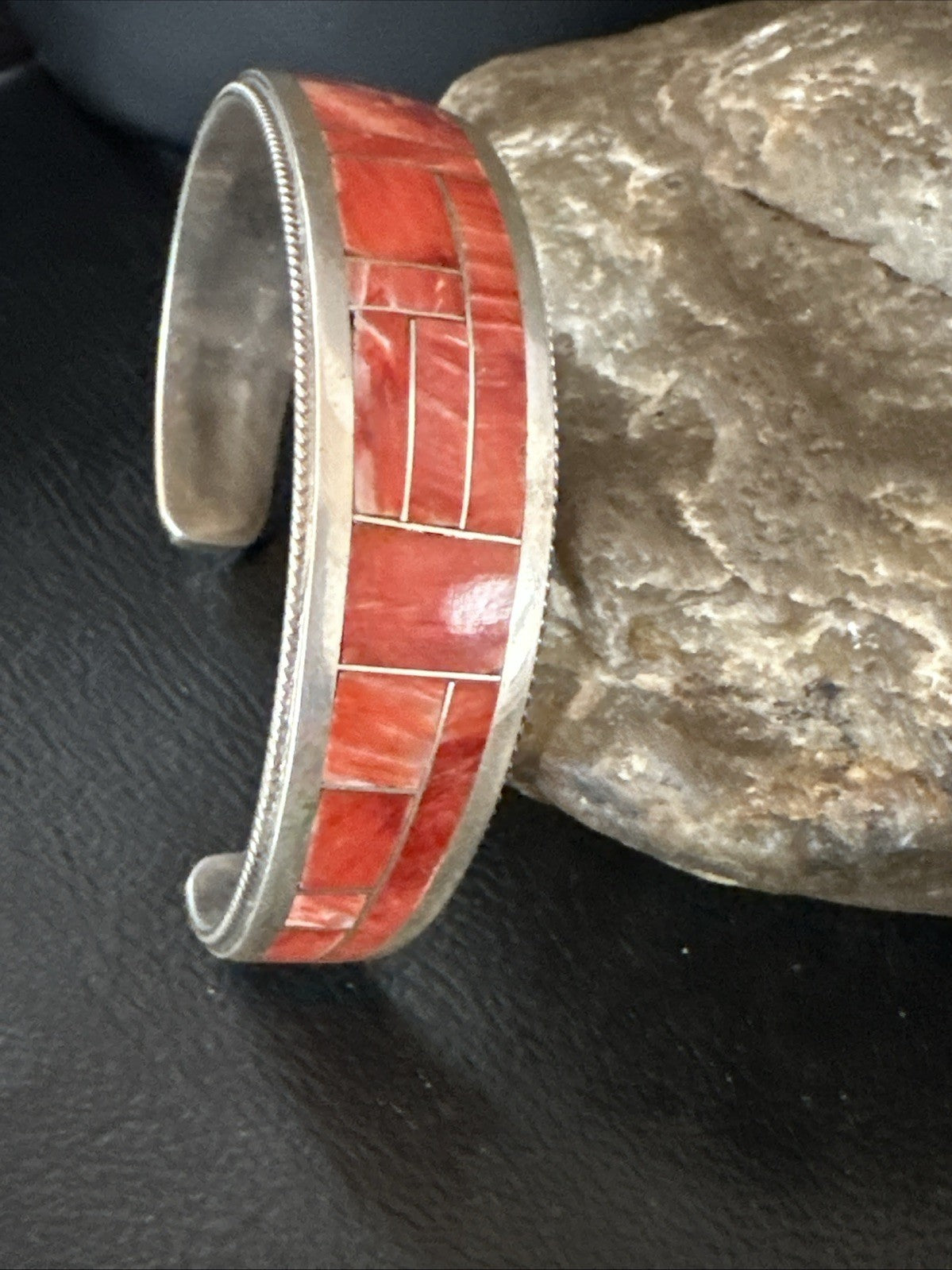 Orange Spiny Oyster Zuni Sterling Silver Cuff Inlay Bracelet 18993