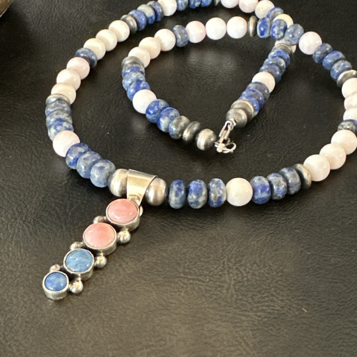 Cluster Pendant Pink Conch Lapis Navajo Pearls Sterling Silver Necklace 18896