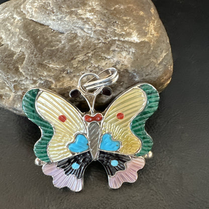 Zuni Turquoise Spiny MOP Onyx Butterfly Sterling Silver Beads Pendant 18903