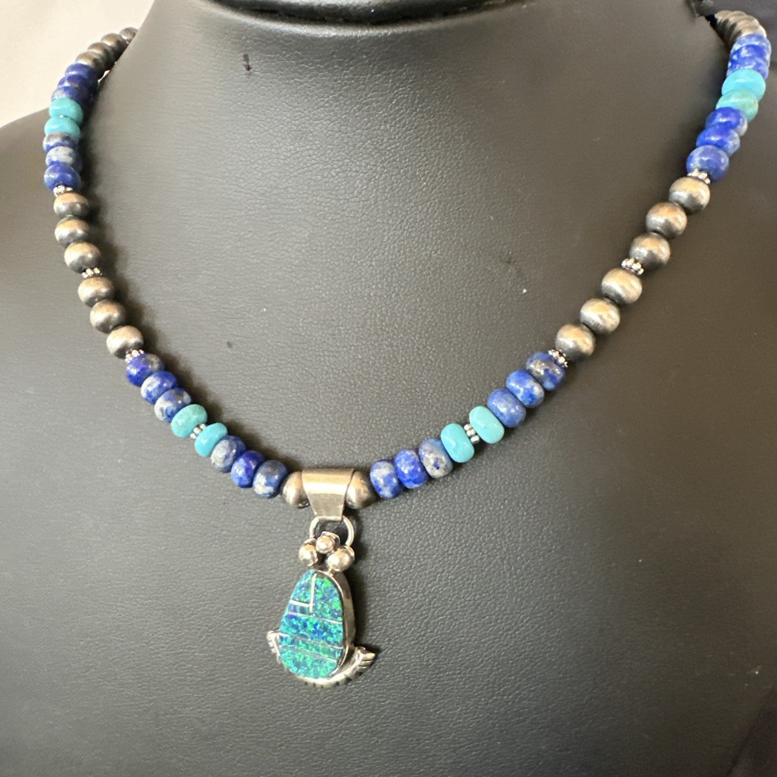 WoMens Opal Inlay Pendant Navajo Sterling Silver Blue Lapis Bead Necklace 18918