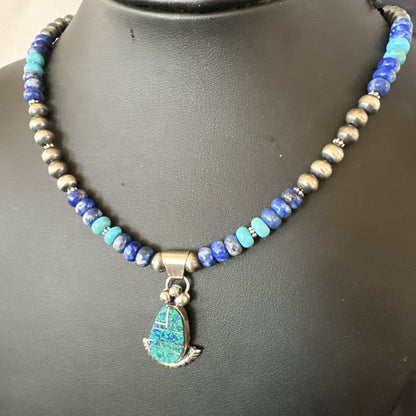 WoMens Opal Inlay Pendant Navajo Sterling Silver Blue Lapis Bead Necklace 18918