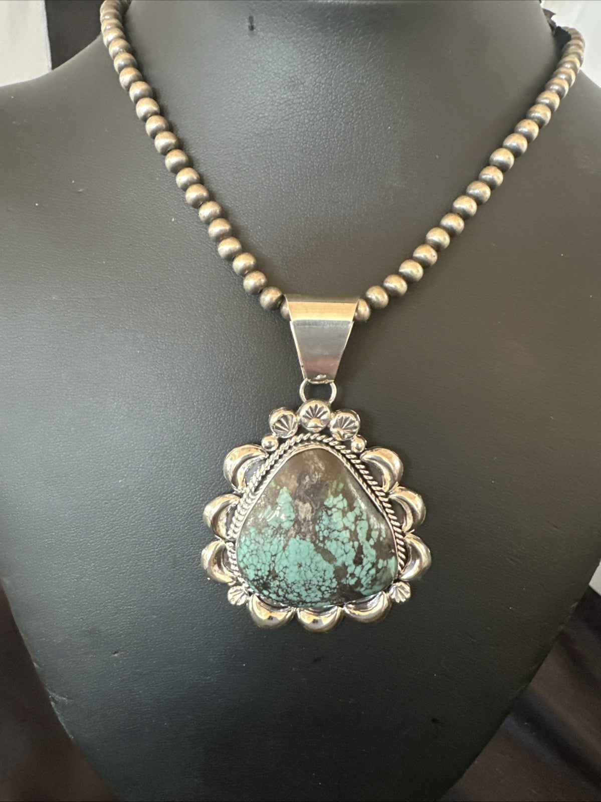 Yazzie Navajo Sterling Silver Blue Spiderweb Turquoise Necklace Pendant 18966