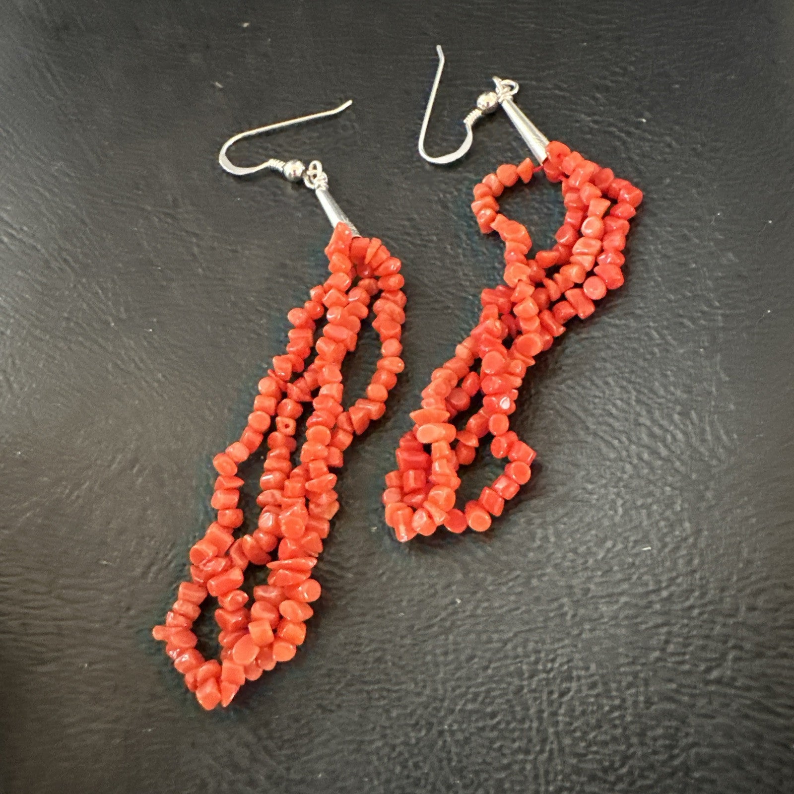 Real Red Orange Coral Nuggets Southwestern Sterling Silver Earrings 3” 18947