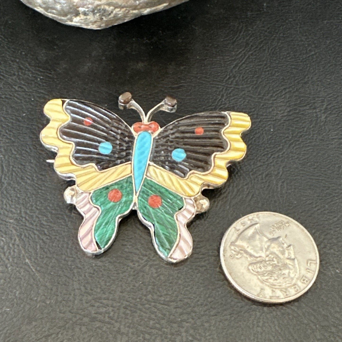 Multicolor Turquoise MOP Onyx Butterfly Sterling Silver Zuni Pin Pendant 18901