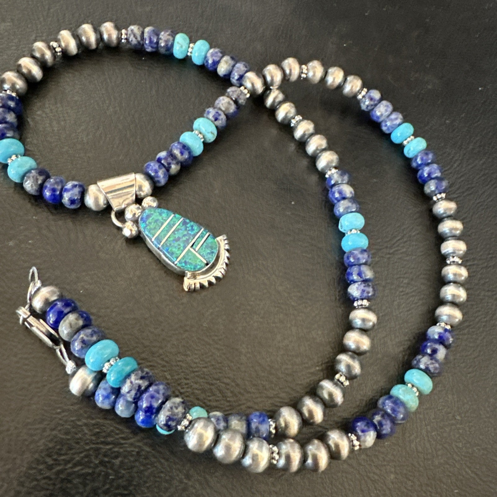 WoMens Opal Inlay Pendant Navajo Sterling Silver Blue Lapis Bead Necklace 18917
