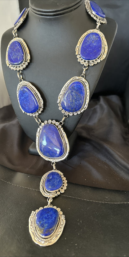 XXL Mens Womens Lapis Lazuli  Sterling Silver Beads Lariat Necklace 29" 18986