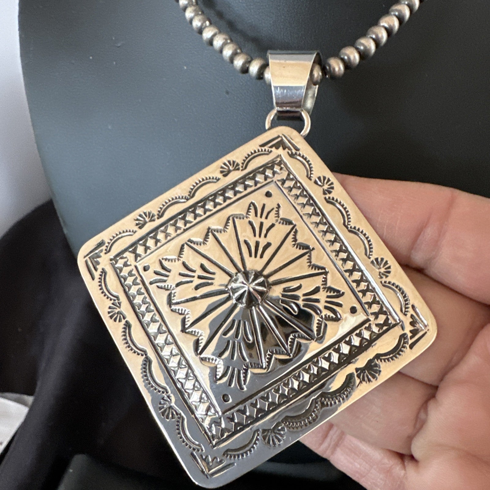 H Joe Handmade Stamped Pendant Navajo Sterling Silver Necklace 3.5" 18980