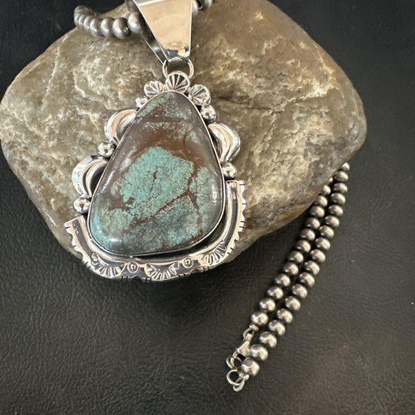 Yazzie Navajo Blue Rustic Turquoise Necklace Pendant | Sterling Silver | Authentic Native American Handmade | 18969