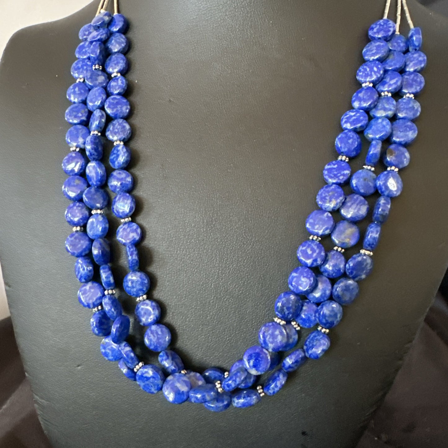 Blue Lapis Heishi 8mm Bead Liquid Sterling Silver 3 Strand Necklace 19" 18961