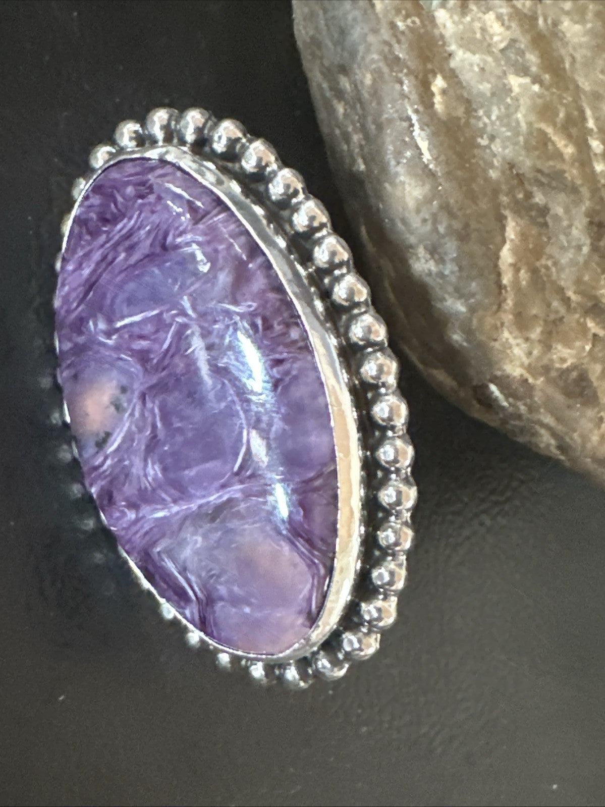 H Joe Purple Charoite Navajo Sterling Silver Oval Ring Size 7 18962
