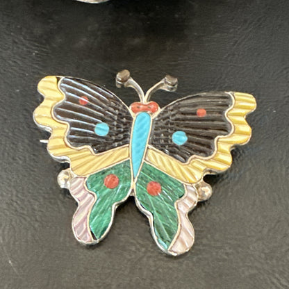 Multicolor Turquoise MOP Onyx Butterfly Sterling Silver Zuni Pin Pendant 18901