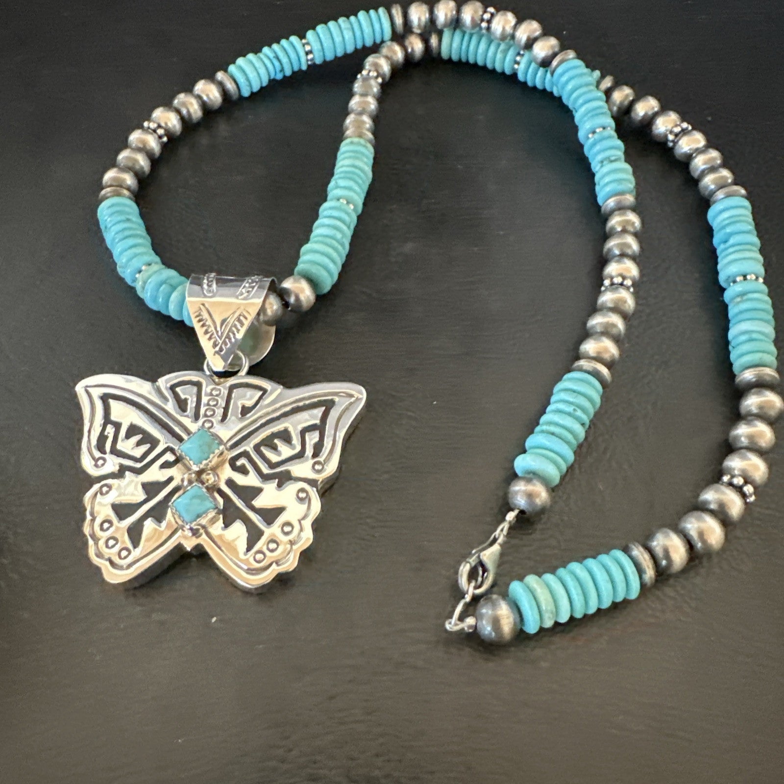 Butterfly Blue Turquoise Pendant Navajo Sterling Silver Necklace 24" 18904