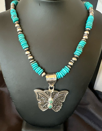Butterfly Blue Turquoise Pendant Navajo Sterling Silver Necklace 26" 18905